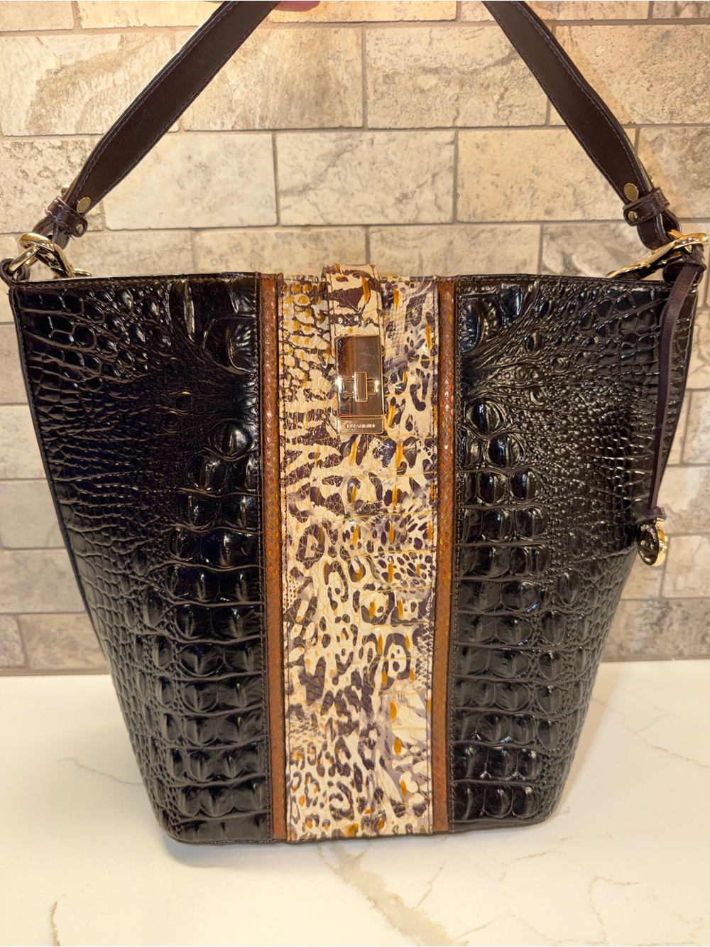 Brahmin Shira Bucket Black Croc-Embossed Shoulder Bag with Leopard Center Panel